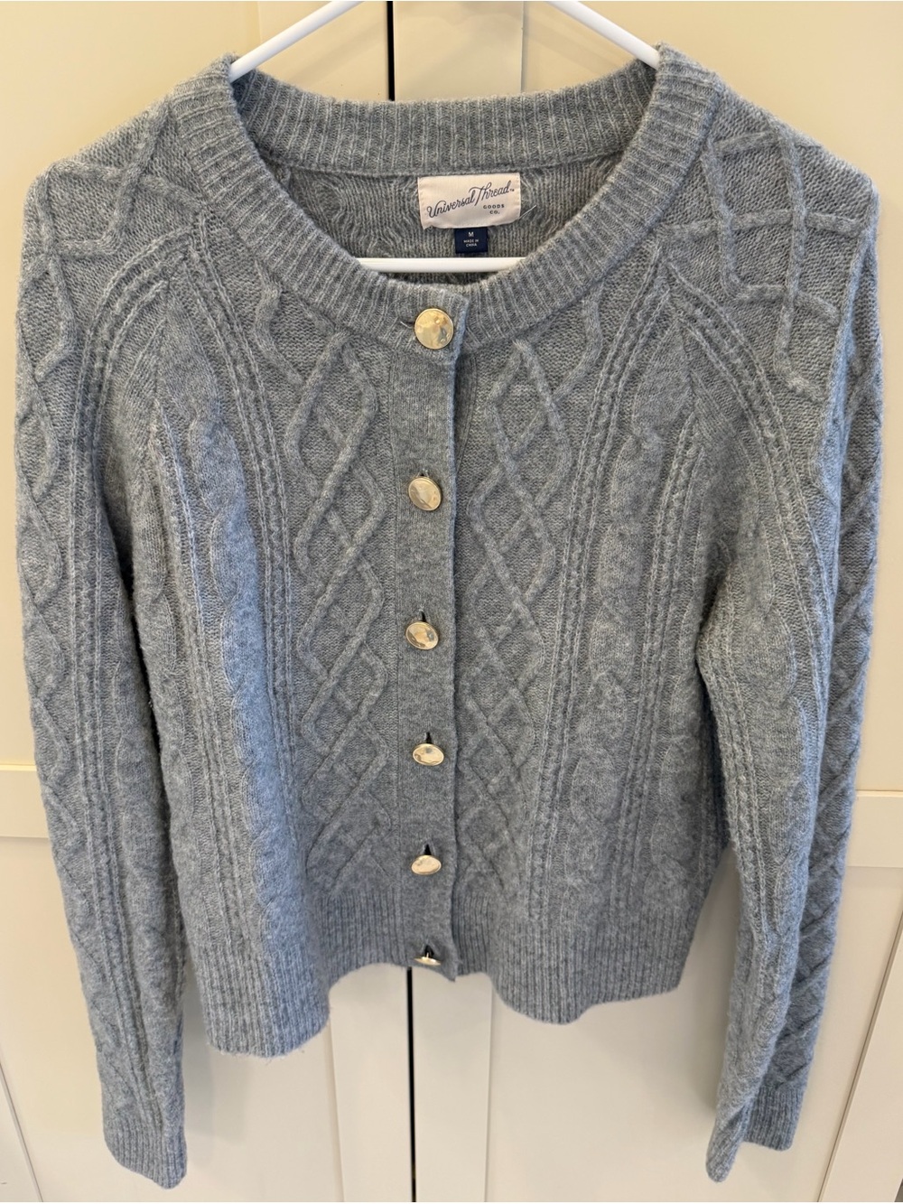 Universal Thread Light Gray Cable Knit Cardigan with Gold Buttons